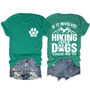 Green hiking t-shirt showing front dog paw logo and back mountain graphic print