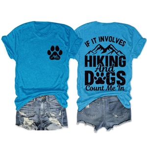 Front and back view of blue heather hiking and dog print t-shirt with denim shorts