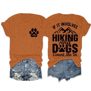 Detailed front and back views of orange hiking and dog themed graphic T-shirt