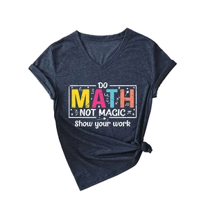 Navy V-neck T-shirt with DO MATH NOT MAGIC slogan and stylish front-side knot