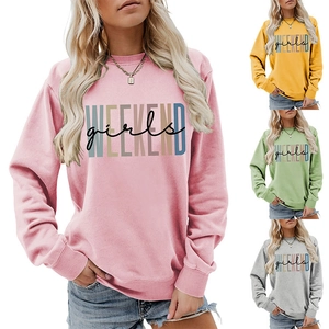 Detail showing various colors and WEEKEND girls print on a crewneck sweatshirt