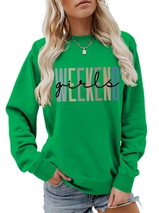 Detail of green crewneck sweatshirt featuring colorful Weekend Girls printed text