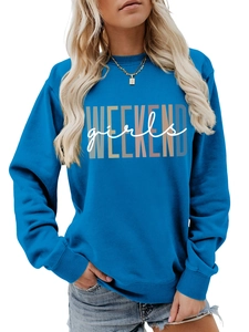 Detail of blue crewneck sweatshirt with WEEKEND girls print and ribbed cuffs texture