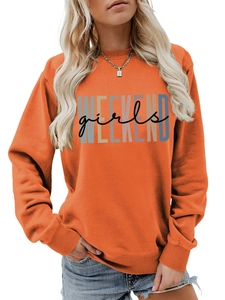Detail of orange weekend girls sweatshirt showing ribbed neckline and bold letter print