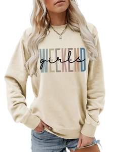 Detail of colorful WEEKEND girls print on a beige crewneck long sleeve sweatshirt