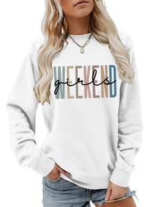 Detail of white crewneck sweatshirt with Weekend Girls colorful letter print and ribbed cuffs