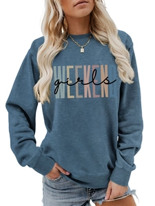 Front view of women's blue sweatshirt featuring Weekend Girls graphic and denim shorts