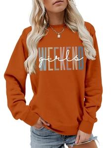 Close-up of caramel sweatshirt with WEEKEND girls text and ribbed cuffs detail
