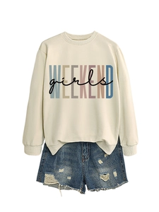 Detail of weekend girls letter print on cream crewneck sweatshirt with colorful stripes