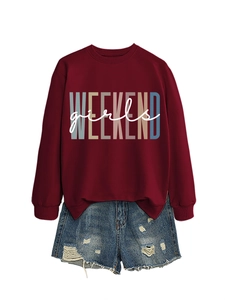 Detail of burgundy sweatshirt with Weekend Girls print and distressed denim shorts