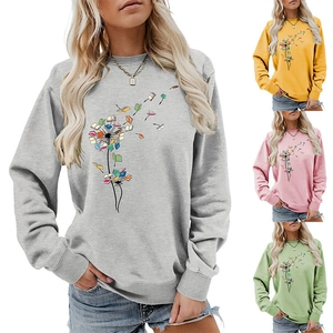 Detail of creative dandelion book print on long sleeve round neck sweatshirt for women