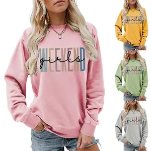 Women's Casual Round Neck Sweatshirt Weekend Girls Letter Print Long Sleeve Loose Pullover Cotton Blend Fall Winter Top