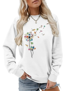 Close-up of colorful dandelion book print on white long-sleeve sweatshirt