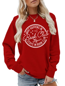 Close-up of red crewneck sweatshirt featuring white Book Club graphic print and typography