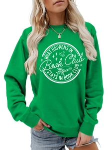 Close-up of bright green crewneck sweatshirt with white Book Club slogan print