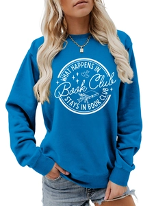 Detail of royal blue sweatshirt with white book club print and ribbed cuffs for women