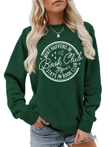 Detail of forest green sweatshirt with white Book Club slogan and ribbed neckline