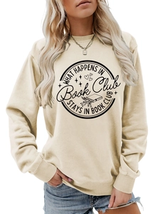 Detail of What happens in book club print on beige long sleeve crewneck sweatshirt