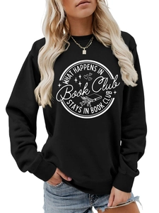 Close-up of the What Happens in Book Club circular white print on black sweatshirt