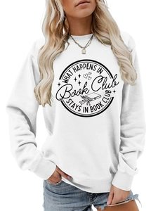 Detail of white cotton sweatshirt featuring a circular black Book Club slogan print