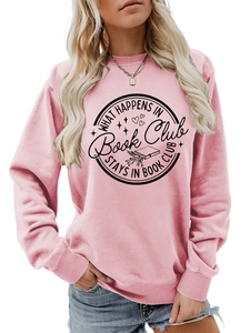 Detailed view of pink sweatshirt with book club print and ribbed sleeve cuffs