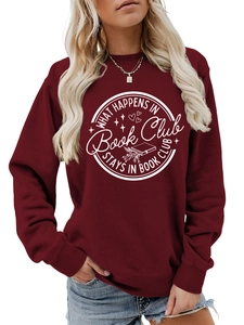 Detail of burgundy crewneck sweatshirt featuring white What happens in Book Club slogan