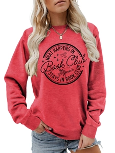 Detail of red long sleeve sweatshirt featuring black Book Club graphic print and ribbed cuffs