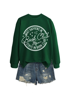 Detail of What Happens in Book Club print on green long sleeve cotton sweatshirt
