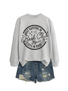 Detail of grey crewneck sweatshirt featuring black Book Club slogan graphic print
