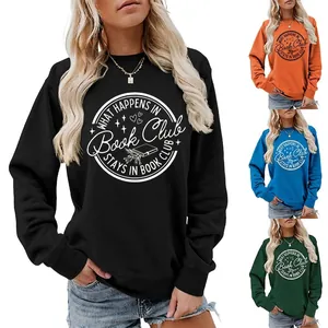 Women's Casual Round Neck Sweatshirt Cotton Blend Book Club Letter Print Loose Long Sleeve Pullover Top For Daily Commute