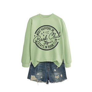Women's light green book club sweatshirt and frayed blue denim shorts two-piece set
