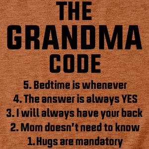 Detail of The Grandma Code humorous typography on a heather orange knit short sleeve shirt