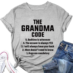 Flat lay of gray Grandma Code T-shirt with knotted hem, blue jeans and white shoes