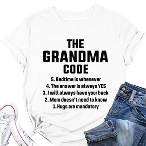 Detail of white cotton T-shirt featuring THE GRANDMA CODE black text print on front