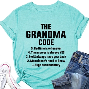 Detailed view of teal crew neck t-shirt with black The Grandma Code printed text
