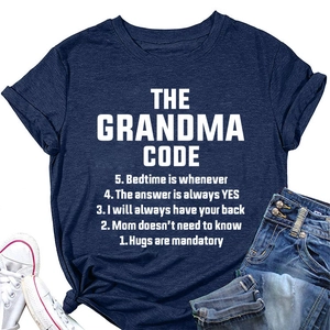 Detailed flat lay of navy blue cotton T-shirt with white 'The Grandma Code' slogan print