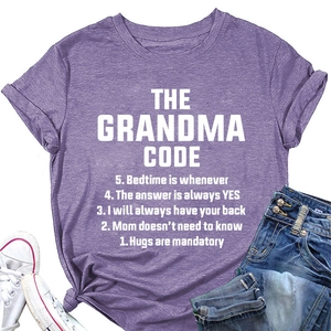 Purple crew neck t-shirt with The Grandma Code white text print and casual denim styling