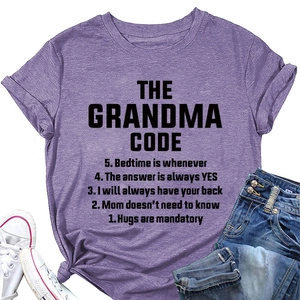 Detailed view of purple short sleeve t-shirt with Grandma Code print and fabric texture