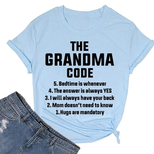 Detail of light blue cotton T-shirt featuring a knot hem and The Grandma Code print