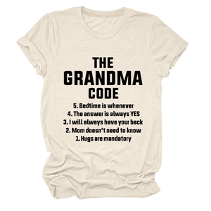 Detail of cream short sleeve cotton T-shirt featuring Grandmas Rules text print