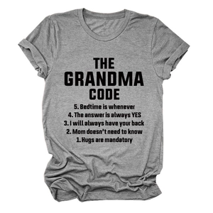 Detail shot of the grandma code slogan print on a grey casual short sleeve cotton t-shirt