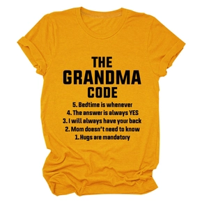 Detailed view of ginger yellow cotton t-shirt featuring The Grandma Code print and round neck