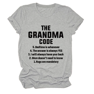 Detail of grey crewneck T-shirt featuring black The Grandma Code graphic text print