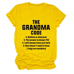 Detail of yellow cotton T-shirt featuring a funny black printed text and crew neck
