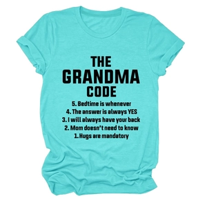 Detail of turquoise cotton T-shirt featuring black screen-printed grandma code quotes