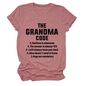 Detail of dusty pink short sleeve t-shirt showing the grandma code printed message