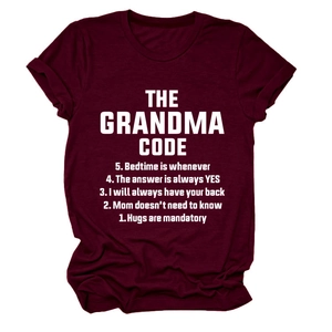 Detailed view of the burgundy cotton T-shirt with the Grandma Code print and cuffed sleeves