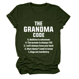 Close-up of The Grandma Code print on a dark green comfortable cotton T-shirt