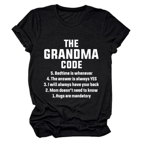 Flat lay of a black cotton crew neck tee with white The Grandma Code text rules
