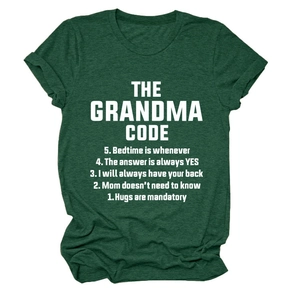 Close-up of forest green cotton t-shirt featuring white The Grandma Code text print